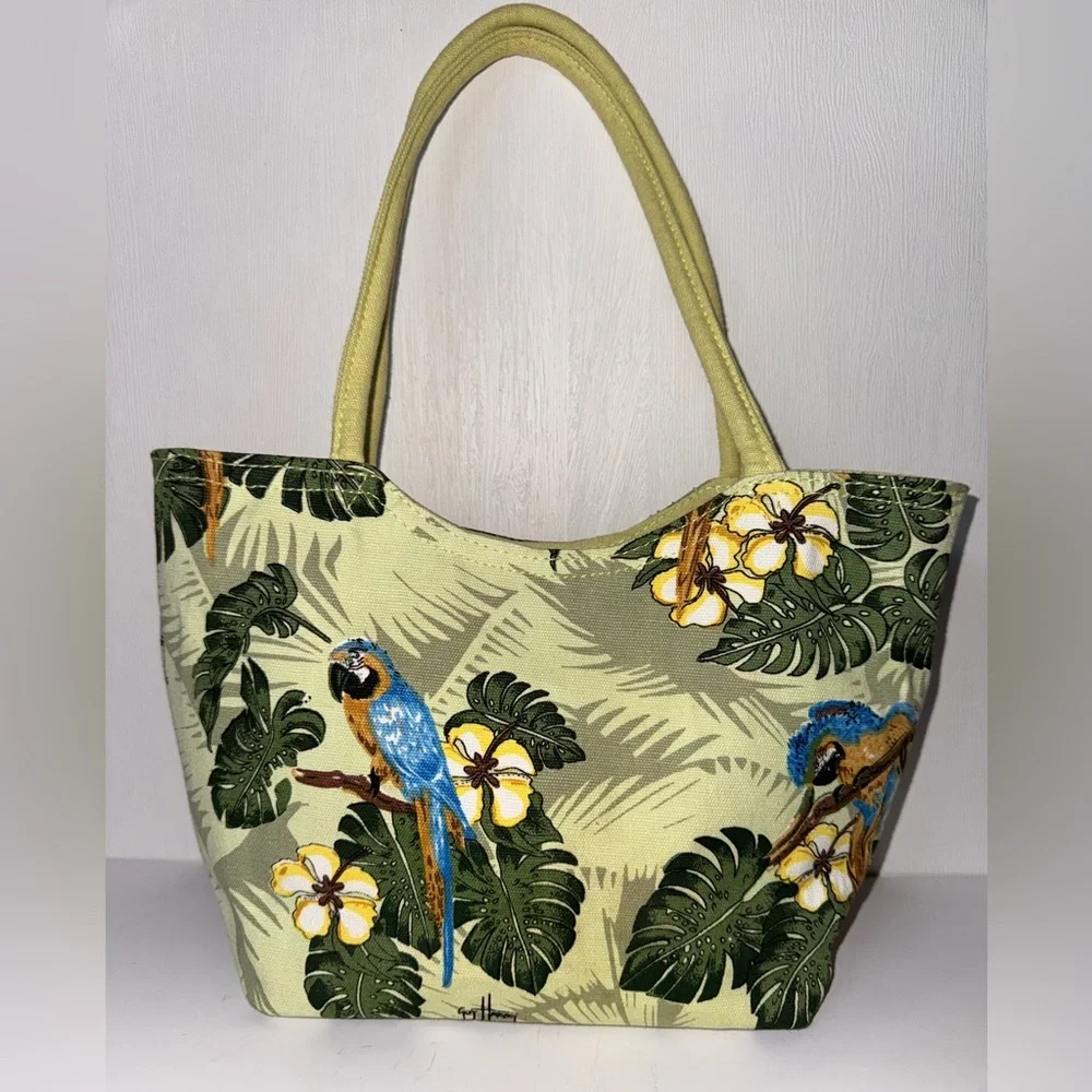 Guy Harvey Canvas Tote Bag Sequin Bead Parrot Bird Lime Blue Tropical Beach Tote